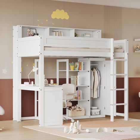 CHICFURN Litera infantil 90x200 cm blanca de madera con escritorio y armario, sin colchón (1/5)