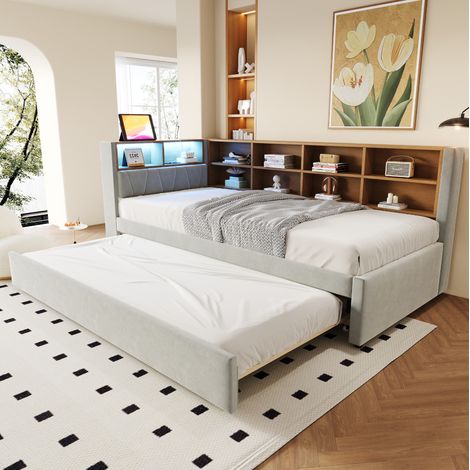 Letto imbottito 90x200 cm grigio chiaro in flanella con letto estraibile (1/4)