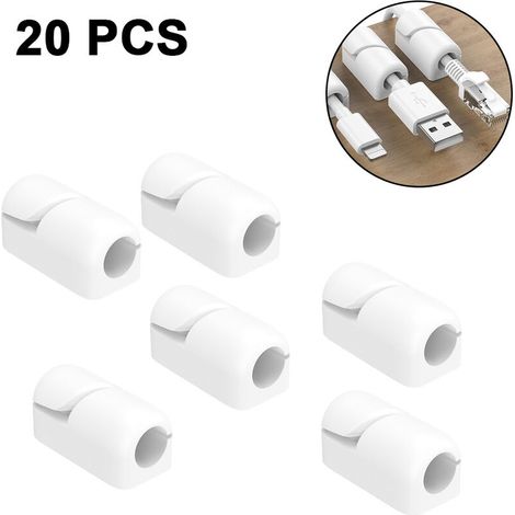 Clips pour porte câbles, paquet de 20 Clips d'organisateur de cordon de gestion des câbles Silicone auto adhésif pour bureau Câble de charge USB Cordon d'alimentation Câble de souris Fil PC Bureau Mai