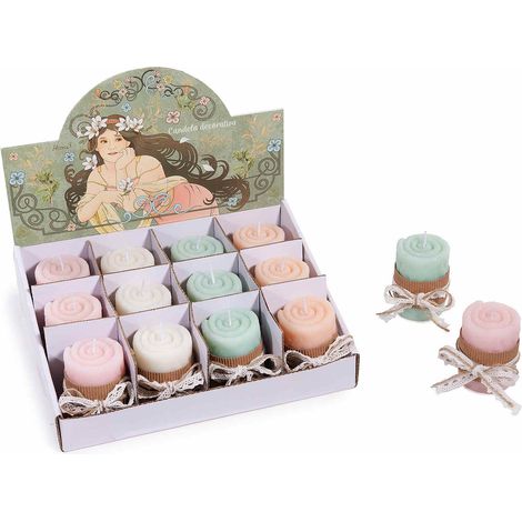 Candele colorate sagomate con fiocchetto in espositore da 12 pezzi, set da 12 pezzi, Candela: Ø 5 cm x 7,5 H