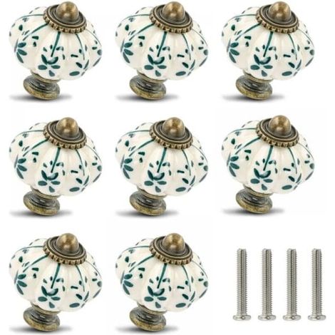 Ecleanfy - Ensemble de 8 boutons en céramique ivoire et verte - Boutons citrouille pour armoires et commodes rétro - Boutons de tiroir vintage avec vis pour armoires et tiroirs (1/4)