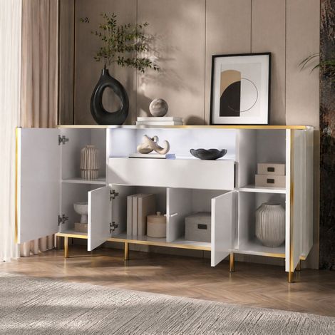 Credenza bianco lucido 150 x 40 x 80 cm, 4 ante, 1 cassetto, LED, piedini dorati DESVIAE (1/5)