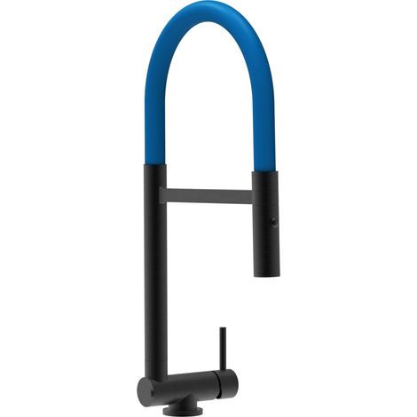 Rubinetto abbattibile a soli 4,5 cm, miscelatore cucina Nero Opaco per sottofinestra canna blu movibile e doccia due getti staccabile (1/5)