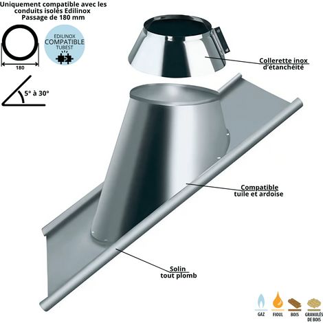 Edilinox – Solin de toit plomb 5 à 30° – Conduit double paroi isolé 130 mm – Étanchéité durable pour toitures en tuile ou ardoise