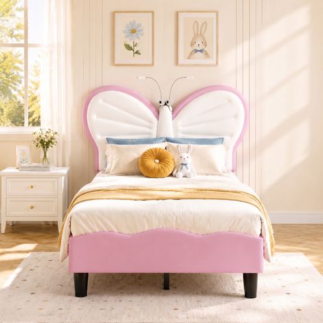 Lit enfant 90x190 cm, Tête de lit réglable papillon en velours avec sommier à lattes et lampe de lecture LED, Rose et blanc (1/5)
