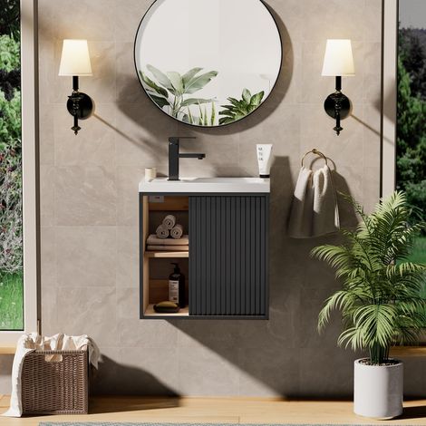 UEV – Meuble lave-mains mural en résine – Rangement caché et ouvert – Dimensions 51 x 30,5 x 54 cm – Noir – Idéal pour espaces modernes