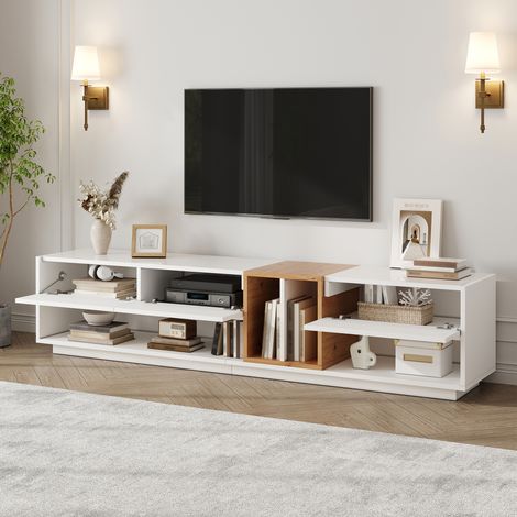 Meuble TV LED via App, Façade Haute Brillance, Niches Ouvertes et Rangements Fermés, Passe-Câbles, Meuble Bas Salon en Panneau de Particules - Blanc (1/5)