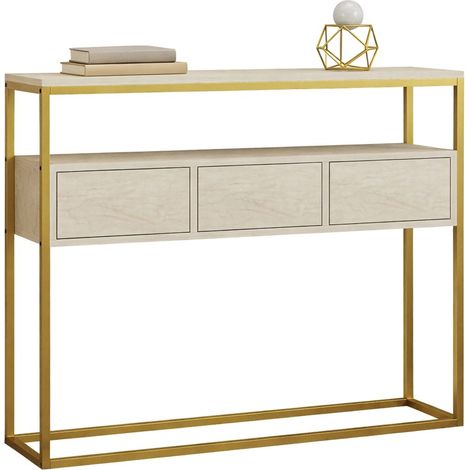 Credenza Gemonio, Madia 4 Vani, 3 Ante, Apertura a Ribalta, 90x34x70h cm Beige Marmo
