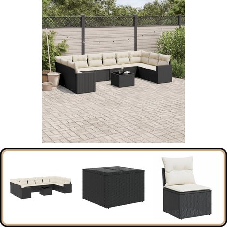 11-tlg. Garten-Sofagarnitur mit Kissen Schwarz Poly Rattan - Gartenmöbel - Esstischgarnituren - Outdoor Möbel - Lounge Set - Rattan Gartenmöbel