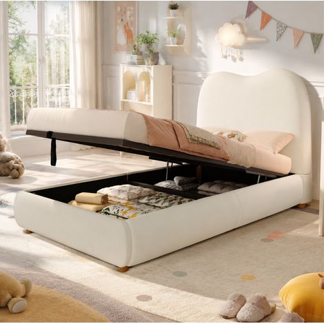 Lit enfant 90x190 cm velours beige, coffre hydraulique, gain de place, sans matelas – MEUBLIV (1/5)