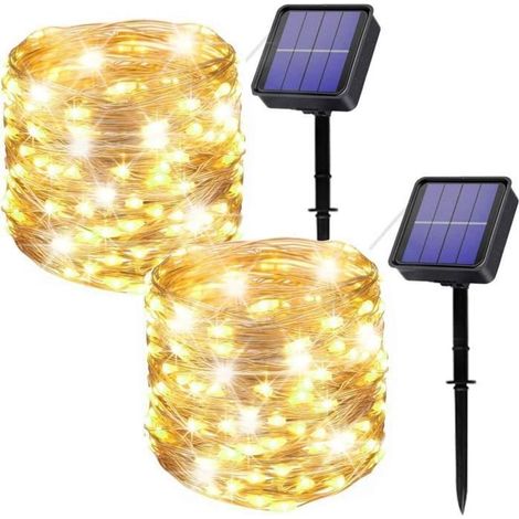 Lot de 2 Guirlande Exterieur Solaire,2x10m 100LED Guirlande Exterieure Étanche 8Modes Décoration Lumière Pour Jardin,Mariages, Cour