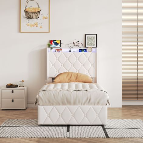 Lit simple 90x200 en velours gris, Lit rembourrée avec coffre de rangement, éclairage LED et port USB, Style Chesterfield Moderne, Velours, Beige (1/5)