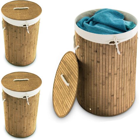 Relaxdays, 3x Bamboo Laundry Baskets, Foldable Hamper with Lid, 70L, Cotton Bag & Side Handles, HxØ: 65 x 41 cm, Natural