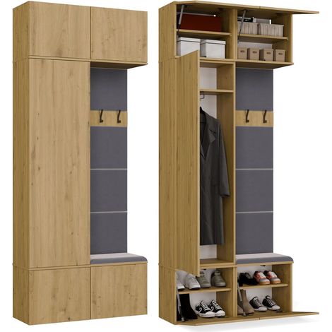 Set modulare da ingresso, armadio con pannello appendiabiti e panca, Rovere Artisan, 100 x 35 x 238 cm (1/5)