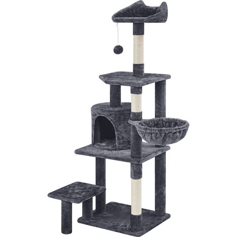 Yaheetech Arbre à Chat Multiniveau Tour pour Chat avec Perchoir à Oreilles de Chat Cachette Panier Plateforme Poteaux à Griffer Centre d’activités Taille 145 cm de Haut Gris Foncé