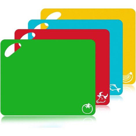 Taglieri in plastica: 4 taglieri in plastica extra spessa e flessibile con simboli alimentari antiscivolo, antibatterici, facili da pulire. (1/5)