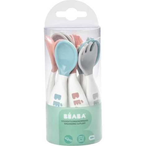 BEABA Lot de 6 cuilleres ergonomique + 4 fourchettes old pink+airy green+light mist (1/2)