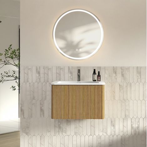 Mobile bagno con lavabo e specchio LED, 60 cm, sospeso, rovere HAVRYA (1/5)