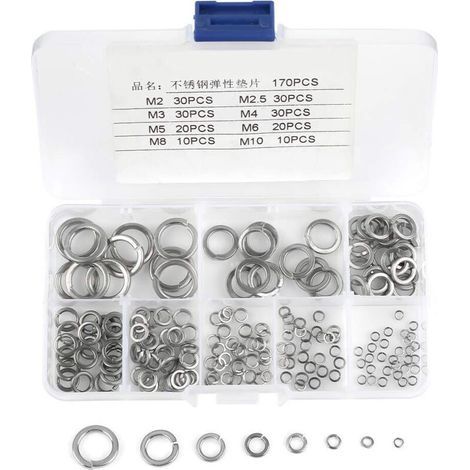180pcs 8 Size Assortment Box of 304 Stainless Steel Spring Washers, Spring Washer Kit M2 M2.5 M3 M4 M5 M6 M8 M10 (1/5)