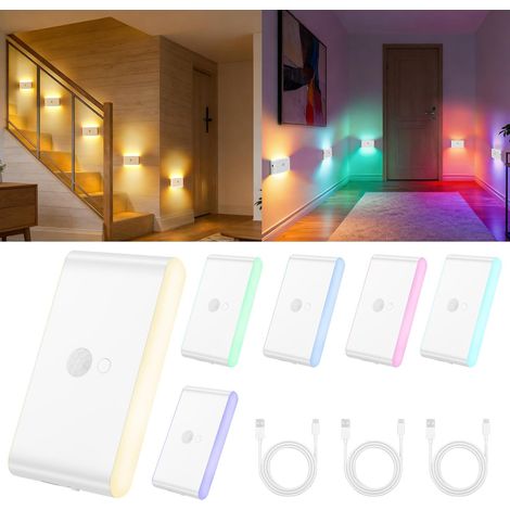 Lot De 6 Veilleuse Détecteur De Mouvement, RGB Lumiere Détecteur LED Intelligente Rechargeable, 3 Modes (AUTO/OFF/ON), Lampe D'Escalier, Veilleuse Enfant Pour, Couloir, Chambre, Escalier (1/5)