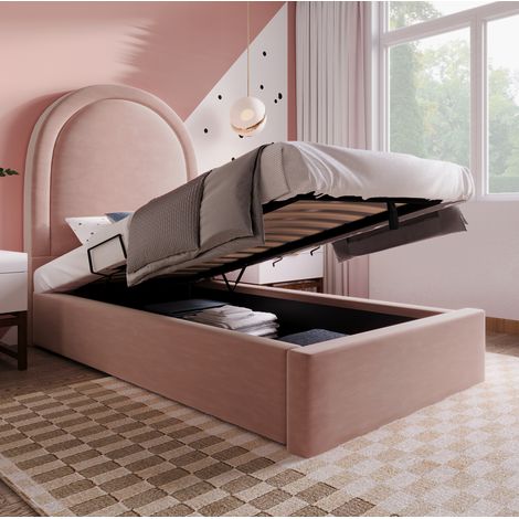 lit coffre 90x200 rose velours avec matelas HAVRYA (1/5)