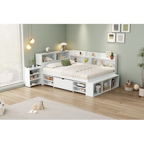 Kinderbett, Einzelbett, multifunktionales Kinderbett mit Schubladen, Bücherregal und Stauschrank, großer Stauraum, Lattenrost, ohne Matratze