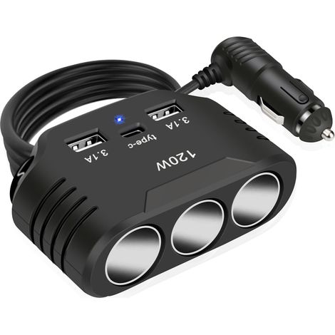 Adaptador de encendedor de cigarrillos para coche de 120 W: toma de corriente USB múltiple para coche de 12 V/24 V con 3 enchufes y puerto tipo C, divisor de cargador de CC para iPhone, Android y GPS. (1/5)