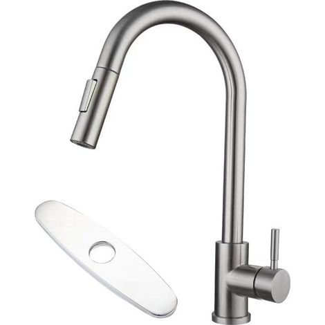 FIG-Robinet de cuisine mitigeur 360° avec douchette extractible(Support de montage avec embase) – Acier inox brossé – 2 modes de pulvérisation – Hauteur sous bec 179mm (1/5)