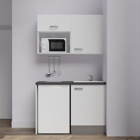 Kitchenette K07L-PT - 120 cm avec plan de travail et évier, emplacements frigo et micro-ondes - Façade Blanc - Plan Noir texturé - Evier Inox - Crédences Non