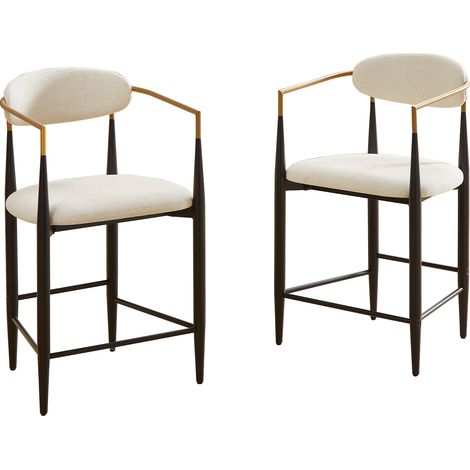 Set di 2 sgabelli da bar in tessuto beige con braccioli, struttura nera e dettagli dorati (1/5)