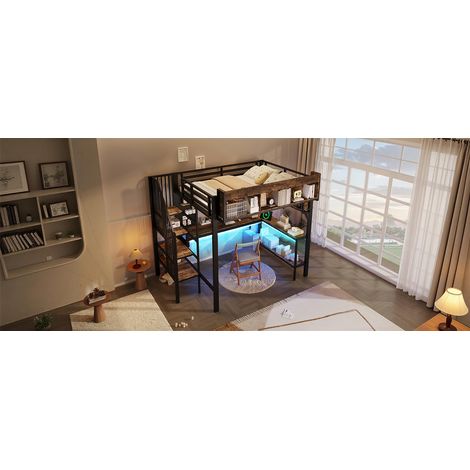 Lit mezzanine 140x200 cm marron vintage et noir avec bureau d'angle