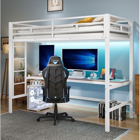 Cama alta moderna 90x200 cm de metal blanco con escritorio, escalera, barandilla, LED APP, USB y enchufes (1/5)