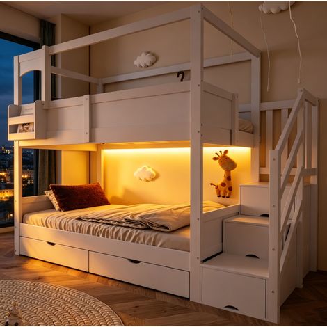 Etagenbett 90x200 cm Weiß Holz im Hausdesign mit Stauraum, Tafel und Sicherheitsgittern (1/5)
