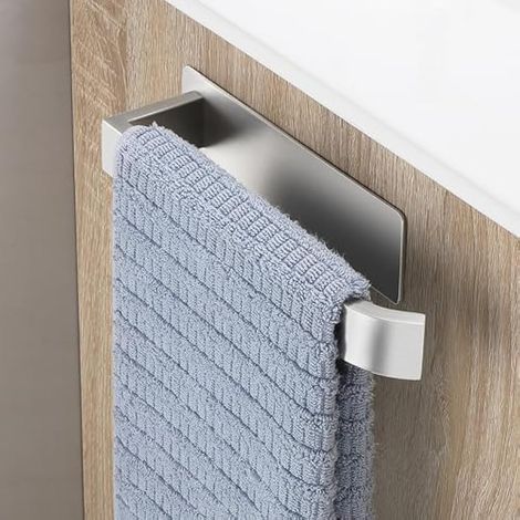 Porte Serviette Salle De Bain sans Percage, Adhesif Porte-Serviettes Mural, Acier Inoxydable Support Serviettes, Towel Holder Brossé Argent (1/5)