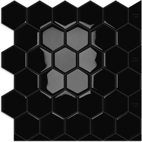 10 Sheets of Black Hex Self-Adhesive Tiles for Kitchen, Bathroom, Fireplace, RV - 12" x 12" (1/5)