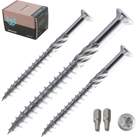Vis terrasse inox A2 5.0 x 60 mm autoperceuses – lot de 200 pièces avec embouts Torx vis à bois robustes à tête fraisée pour terrasse et jardin – Vis spécial terrasse – WALCUR