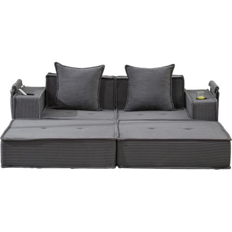 Sofá modular de 2 plazas de pana gris oscuro con 2 cojines, bolsillos laterales y portavasos HOMVRA (1/5)