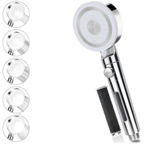 Pommeau de douche sans flexible, pommeau de douche haute pression avec filtre, pommeau de douche économique avec 5 jets, grande douchette avec fonction d'arrêt, pommeau de douche avec flexible en acie (1/5)
