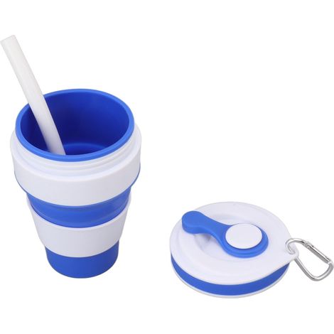 Gobelet pliable en silicone, portable et étanche, rétractable, avec paille et boucle de sécurité pour l'alpinisme, idéal pour les voyages et les activités de plein air (bleu). (1/5)