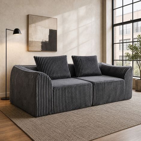 Canapé modulaire en velours côtelé gris, lignes minimalistes, accoudoirs courbés et 5 coussins (1/5)