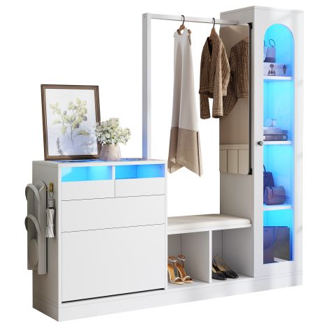 6-in-1 kombiniertes Eingangsbereich-Set: Garderobenständer, Schminktisch mit Kleiderstange, Schuhbank mit Klapptür, Glasvitrine und farbwechselnde LED-Beleuchtung.