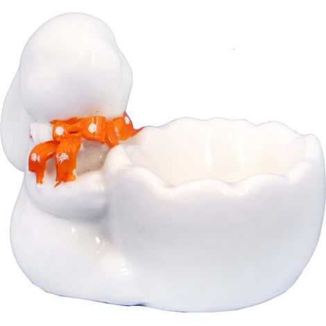 Soporte de cerámica para hueveras con forma de conejito, color blanco.