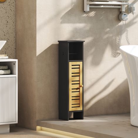 Meuble de salle de bain avec support papier toilette barre amovible 3 Niveaux + Sortie Papier, 78H cm, Bambou noir (1/5)