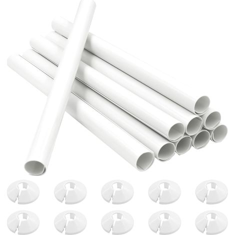 Lot de 10 revêtements de tuyau de chauffage avec 10 rosettes blanches - 200 mm x 15 mm - En plastique - Pour tuyaux de chauffage, radiateurs (1/5)