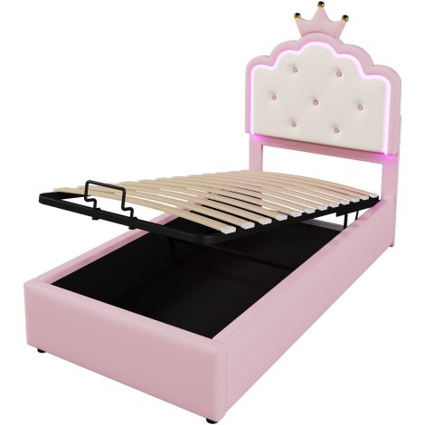 Lit polster 90x200 rose,princesse,éclairage LED et rangement hydraulique