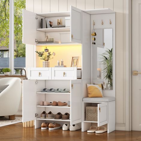 Armoire d'entrée blanche 180cm avec banc, meuble à chaussures, 5 portes, miroir et rangement Mobilier pratique (120x33.5x180cm) (1/5)