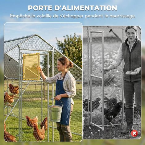 Enclos poulailler extérieur parc grillagé 12 m² avec perchoir et mangeoire acier galvanisé Ø25mm 300x400x195cm argent (1/5)