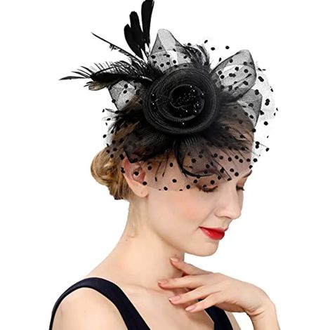 Hüte für Damen, Kopfbedeckung im Stil der 50er Jahre mit Schleier, Blume, für Cocktail-, Hochzeits-, Tee-, Kirchen- und Derby-Anlässe, Schwarz (1/4)