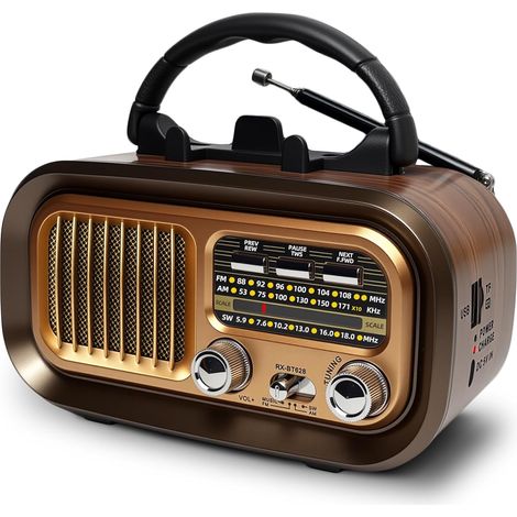 Radio rétro portable, petite radio AM/FM/ondes courtes avec Bluetooth. Fonctionne avec des piles rechargeables de 1200 mAh ou des piles D. Compatible avec les ports USB, les cartes TF et la technologi (1/5)