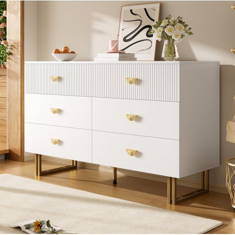 Aparador 120x40x75 cm blanco en MDF con 6 cajones y patas de acero (1/5)